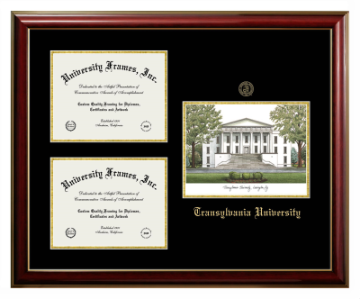 Triple Opening with Campus Image Frame in Classic Mahogany with Gold Trim with Black & Gold Mats for DOCUMENT: 8 1/2"H X 11"W  , DOCUMENT: 8 1/2"H X 11"W  