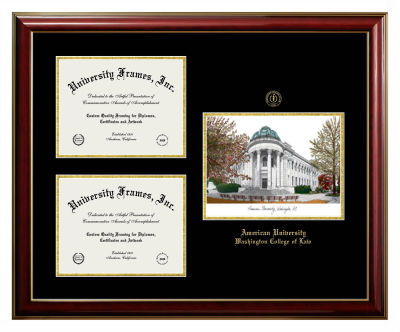 Triple Opening with Campus Image Frame in Classic Mahogany with Gold Trim with Black & Gold Mats for DOCUMENT: 8 1/2"H X 11"W  , DOCUMENT: 8 1/2"H X 11"W  