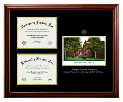 Triple Opening with Campus Image Frame in Classic Mahogany with Gold Trim with Black & Gold Mats for DOCUMENT: 8 1/2"H X 11"W  , DOCUMENT: 8 1/2"H X 11"W  