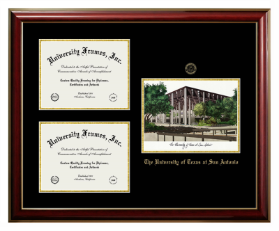 Triple Opening with Campus Image Frame in Classic Mahogany with Gold Trim with Black & Gold Mats for DOCUMENT: 8 1/2"H X 11"W  , DOCUMENT: 8 1/2"H X 11"W  