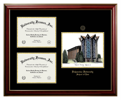 Triple Opening with Campus Image Frame in Classic Mahogany with Gold Trim with Black & Gold Mats for DOCUMENT: 8 1/2"H X 11"W  , DOCUMENT: 8 1/2"H X 11"W  