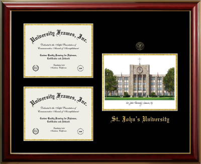 Triple Opening with Campus Image Frame in Classic Mahogany with Gold Trim with Black & Gold Mats for DOCUMENT: 8 1/2"H X 11"W  , DOCUMENT: 8 1/2"H X 11"W  