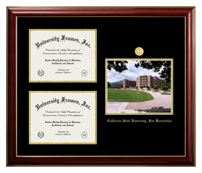 Triple Opening with Campus Image Frame in Classic Mahogany with Gold Trim with Black & Gold Mats for DOCUMENT: 8 1/2"H X 11"W  , DOCUMENT: 8 1/2"H X 11"W  