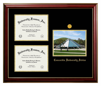 Triple Opening with Campus Image Frame in Classic Mahogany with Gold Trim with Black & Gold Mats for DOCUMENT: 8 1/2"H X 11"W  , DOCUMENT: 8 1/2"H X 11"W  