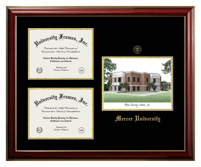Mercer University Triple Opening with Campus Image Frame in Classic Mahogany with Gold Trim with Black & Gold Mats for DOCUMENT: 8 1/2"H X 11"W  , DOCUMENT: 8 1/2"H X 11"W  