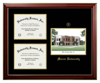 Triple Opening with Campus Image Frame in Classic Mahogany with Gold Trim with Black & Gold Mats for DOCUMENT: 8 1/2"H X 11"W  , DOCUMENT: 8 1/2"H X 11"W  