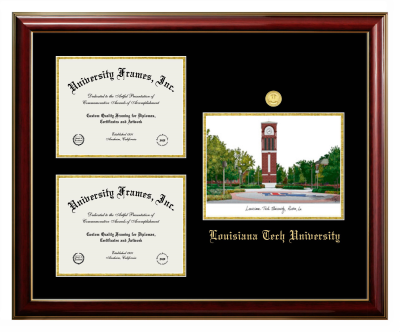 Louisiana Tech University Triple Opening with Campus Image Frame in Classic Mahogany with Gold Trim with Black & Gold Mats for DOCUMENT: 8 1/2"H X 11"W  , DOCUMENT: 8 1/2"H X 11"W  