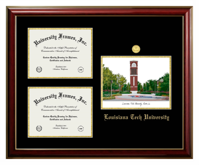 Triple Opening with Campus Image Frame in Classic Mahogany with Gold Trim with Black & Gold Mats for DOCUMENT: 8 1/2"H X 11"W  , DOCUMENT: 8 1/2"H X 11"W  