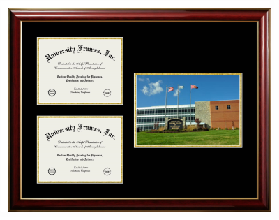 Triple Opening with Campus Image Frame in Classic Mahogany with Gold Trim with Black & Gold Mats for DOCUMENT: 8 1/2"H X 11"W  , DOCUMENT: 8 1/2"H X 11"W  