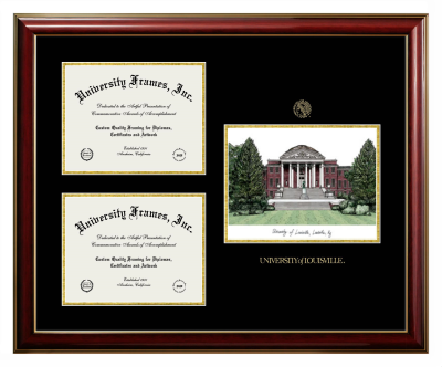 Triple Opening with Campus Image Frame in Classic Mahogany with Gold Trim with Black & Gold Mats for DOCUMENT: 8 1/2"H X 11"W  , DOCUMENT: 8 1/2"H X 11"W  