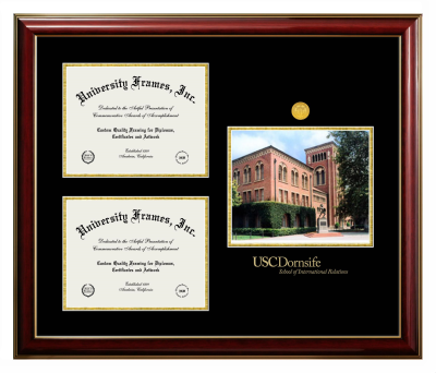 Triple Opening with Campus Image Frame in Classic Mahogany with Gold Trim with Black & Gold Mats for DOCUMENT: 8 1/2"H X 11"W  , DOCUMENT: 8 1/2"H X 11"W  