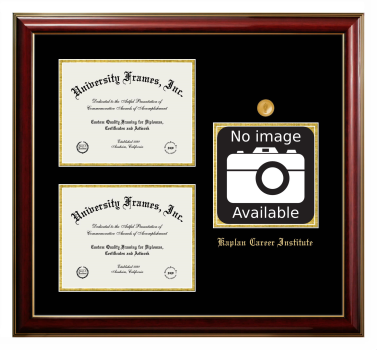Kaplan Career Institute Triple Opening with Campus Image Frame in Classic Mahogany with Gold Trim with Black & Gold Mats for DOCUMENT: 8 1/2"H X 11"W  , DOCUMENT: 8 1/2"H X 11"W  