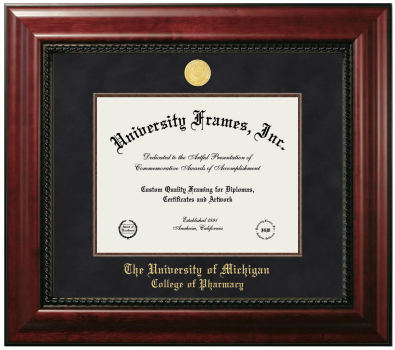 University of Michigan College of Pharmacy Diploma Frame in Executive with Mahogany Fillet with Black Suede Mat for DOCUMENT: 8 1/2"H X 11"W  