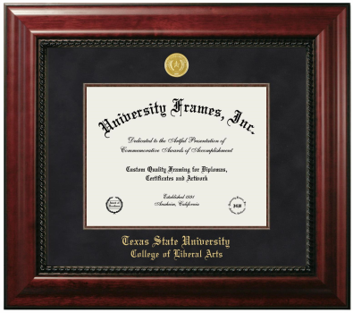 Texas State University College of Liberal Arts Diploma Frame in Executive with Mahogany Fillet with Black Suede Mat for DOCUMENT: 8 1/2"H X 11"W  