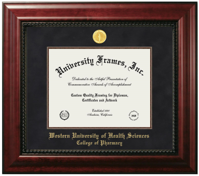 Western University of Health Sciences College of Pharmacy Diploma Frame in Executive with Mahogany Fillet with Black Suede Mat for DOCUMENT: 8 1/2"H X 11"W  