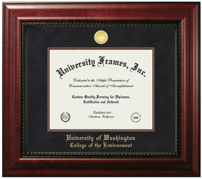 University of Washington College of the Environment Diploma Frame in Executive with Mahogany Fillet with Black Suede Mat for DOCUMENT: 8 1/2"H X 11"W  