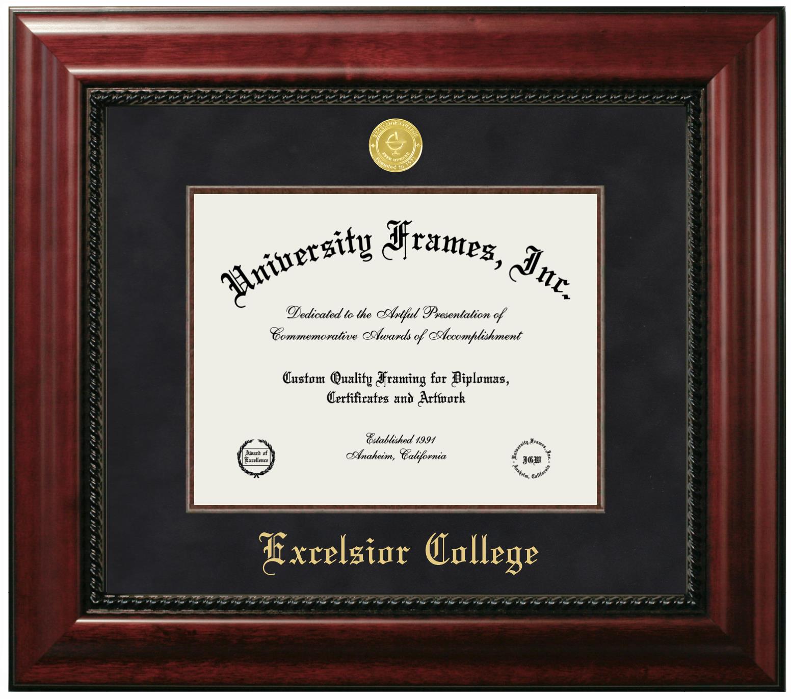 Excelsior College Diploma Frame In Executive With Gold Fillet With Black Suede Mat