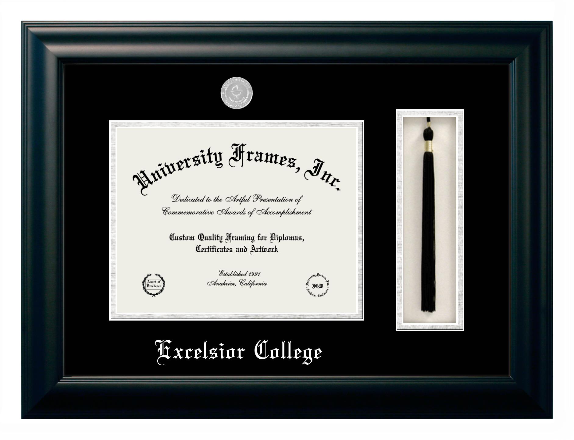 Excelsior College Diploma With Tassel Box Frame In Satin Mahogany With Black Silver Mats