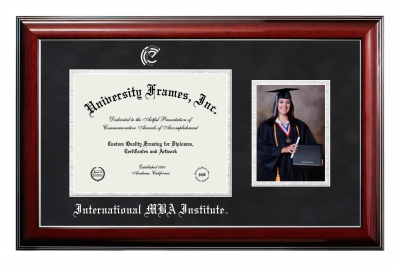 Diploma with 5 x 7 Portrait Frame in Classic Mahogany with Silver Trim with Black Suede & Silver Mats for DOCUMENT: 8 1/2"H X 11"W  