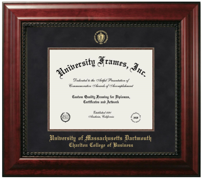 University of Massachusetts Dartmouth Charlton College of Business Diploma Frame in Executive with Mahogany Fillet with Black Suede Mat for DOCUMENT: 8 1/2"H X 11"W  