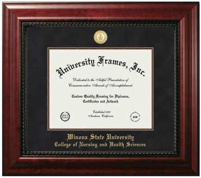 Winona State University College of Nursing and Health Sciences Diploma Frame in Executive with Mahogany Fillet with Black Suede Mat for DOCUMENT: 8 1/2"H X 11"W  