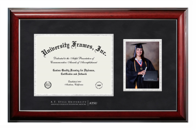 Diploma with 5 x 7 Portrait Frame in Classic Mahogany with Silver Trim with Black Suede & Silver Mats for DOCUMENT: 8 1/2"H X 11"W  