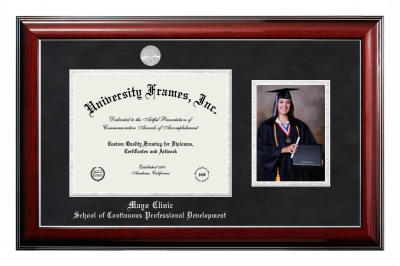 Diploma with 5 x 7 Portrait Frame in Classic Mahogany with Silver Trim with Black Suede & Silver Mats for DOCUMENT: 8 1/2"H X 11"W  