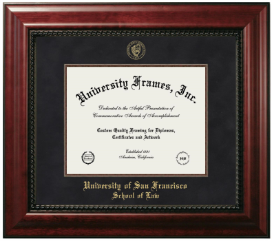 University of San Francisco School of Law Diploma Frame in Executive with Mahogany Fillet with Black Suede Mat for DOCUMENT: 8 1/2"H X 11"W  