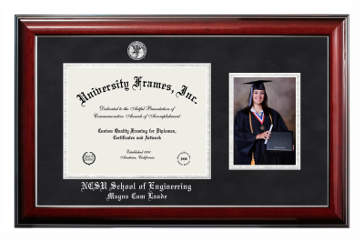 Diploma with 5 x 7 Portrait Frame in Classic Mahogany with Silver Trim with Black Suede & Silver Mats for DOCUMENT: 8 1/2"H X 11"W  