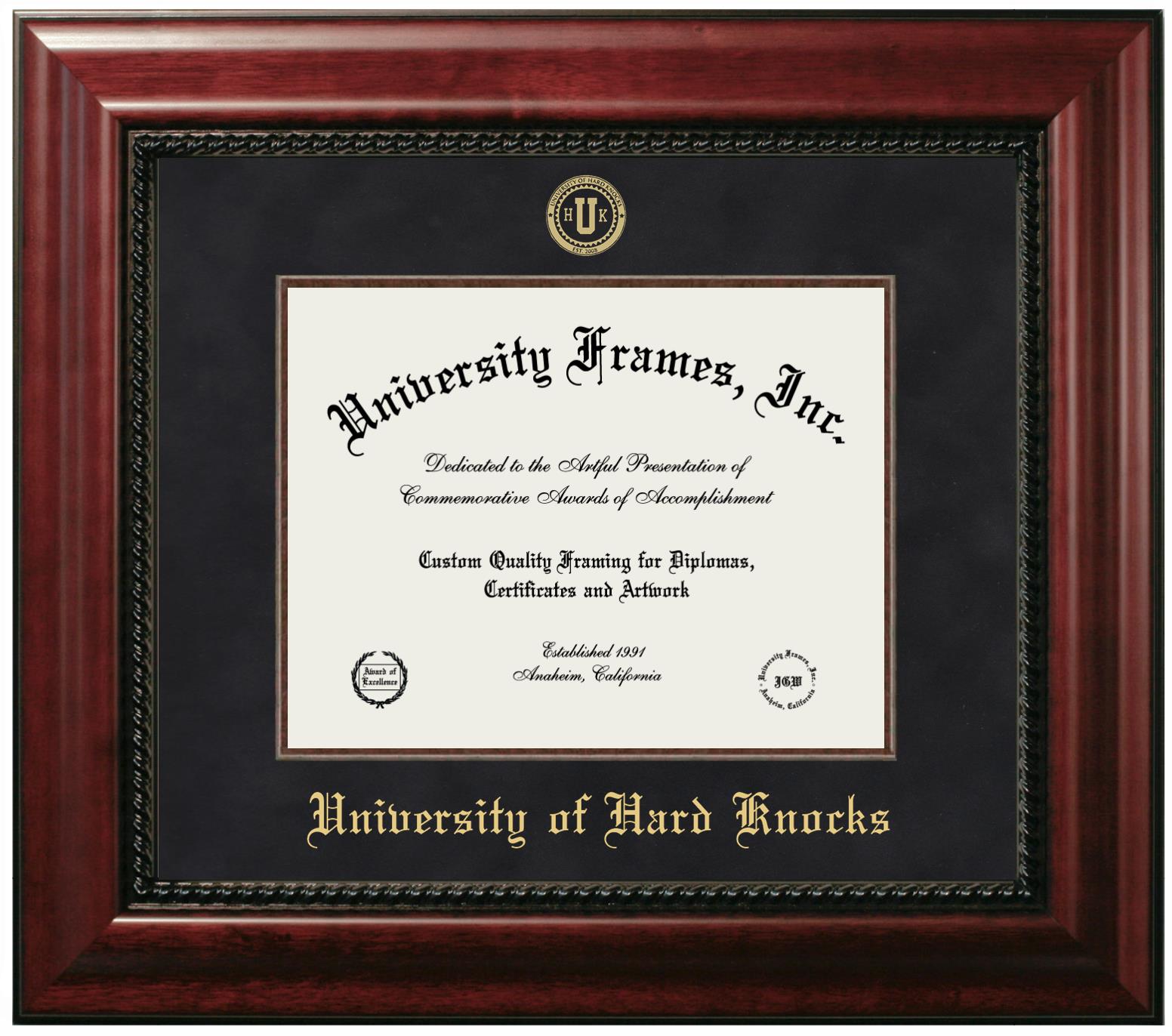 University Of Hard Knocks Diploma Frame In Executive With Gold Fillet With Black Suede Mat