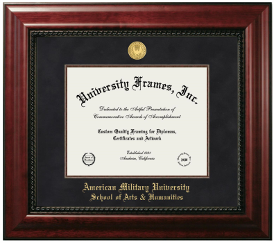 American Military University School of Arts & Humanities Diploma Frame in Executive with Mahogany Fillet with Black Suede Mat for DOCUMENT: 8 1/2"H X 11"W  