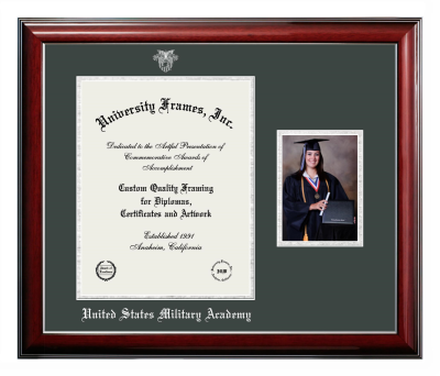 Diploma with 5 x 7 Portrait Frame in Classic Mahogany with Silver Trim with Forest Green & Silver Mats for DOCUMENT: 14"H X 11"W  