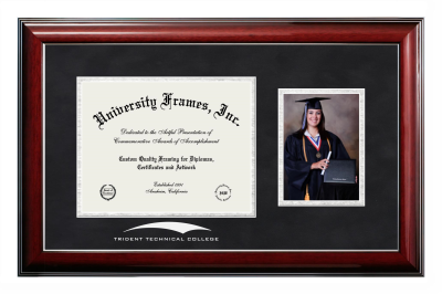 Diploma with 5 x 7 Portrait Frame in Classic Mahogany with Silver Trim with Black Suede & Silver Mats for DOCUMENT: 8 1/2"H X 11"W  