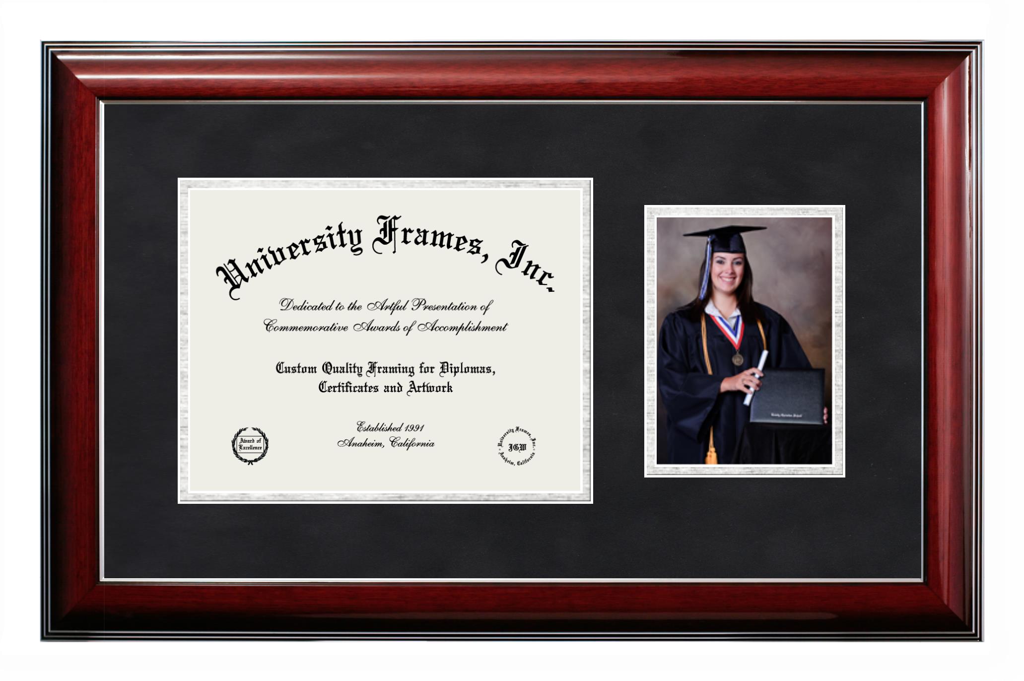 Sunset International Bible Institute Diploma with 5 x 7 Portrait Frame in  Classic Mahogany with Silver Trim with Black Suede & Silver Mats