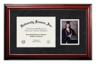 Diploma with 5 x 7 Portrait Frame in Classic Mahogany with Silver Trim with Black Suede & Silver Mats for DOCUMENT: 8 1/2"H X 11"W  