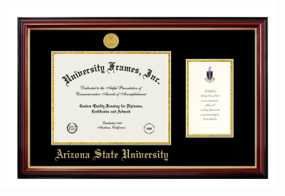 Diploma with Announcement Frame in Petite Mahogany with Gold Trim with Black & Gold Mats for DOCUMENT: 8 1/2"H X 11"W  ,  7"H X 4"W  