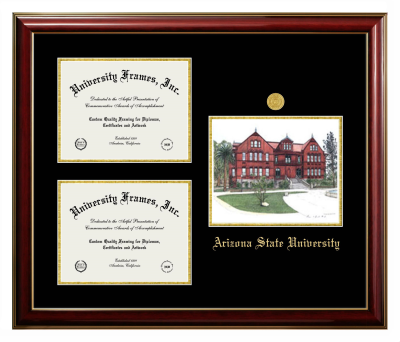 Triple Opening with Campus Image Frame in Classic Mahogany with Gold Trim with Black & Gold Mats for DOCUMENT: 8 1/2"H X 11"W  , DOCUMENT: 8 1/2"H X 11"W  