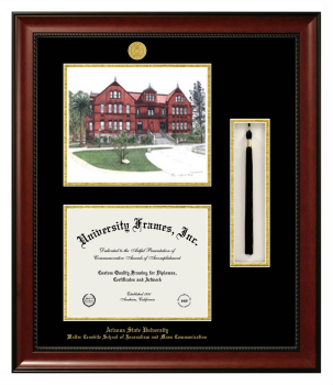 Double Opening with Campus Image & Tassel Box (Stacked) Frame in Avalon Mahogany with Black & Gold Mats for DOCUMENT: 8 1/2"H X 11"W  