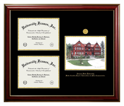 Triple Opening with Campus Image Frame in Classic Mahogany with Gold Trim with Black & Gold Mats for DOCUMENT: 8 1/2"H X 11"W  , DOCUMENT: 8 1/2"H X 11"W  