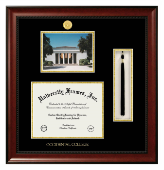 Double Opening with Campus Image & Tassel Box (Stacked) Frame in Avalon Mahogany with Black & Gold Mats for DOCUMENT: 8 1/2"H X 11"W  