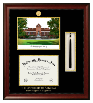 Double Opening with Campus Image & Tassel Box (Stacked) Frame in Avalon Mahogany with Black & Gold Mats for DOCUMENT: 8 1/2"H X 11"W  