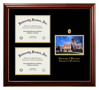 Triple Opening with Campus Image Frame in Classic Mahogany with Gold Trim with Black & Gold Mats for DOCUMENT: 8 1/2"H X 11"W  , DOCUMENT: 8 1/2"H X 11"W  