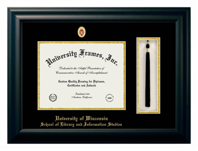 University of Wisconsin (Madison) School of Library and Information Studies Diploma with Tassel Box Frame in Satin Black with Black & Gold Mats for DOCUMENT: 8 1/2"H X 11"W  