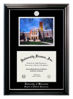 Double Opening with Campus Image (Stacked) Frame in Classic Ebony with Silver Trim with Black & Silver Mats for DOCUMENT: 8 1/2"H X 11"W  