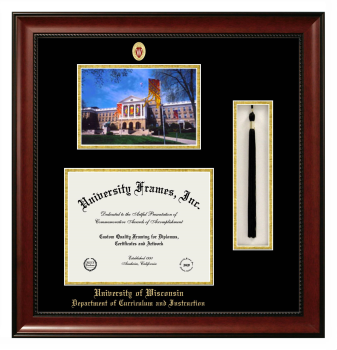 Double Opening with Campus Image & Tassel Box (Stacked) Frame in Avalon Mahogany with Black & Gold Mats for DOCUMENT: 8 1/2"H X 11"W  