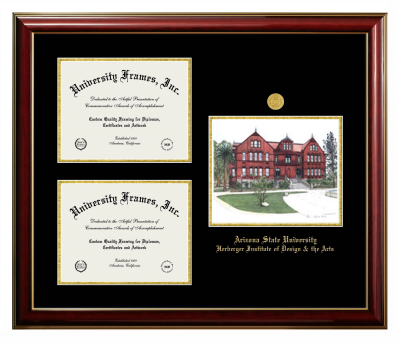 Triple Opening with Campus Image Frame in Classic Mahogany with Gold Trim with Black & Gold Mats for DOCUMENT: 8 1/2"H X 11"W  , DOCUMENT: 8 1/2"H X 11"W  