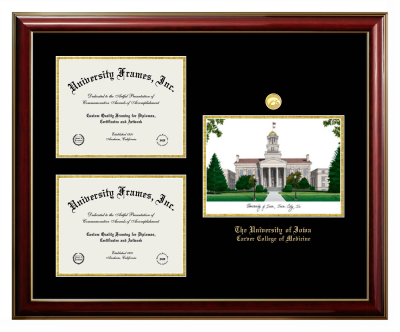 Triple Opening with Campus Image Frame in Classic Mahogany with Gold Trim with Black & Gold Mats for DOCUMENT: 8 1/2"H X 11"W  , DOCUMENT: 8 1/2"H X 11"W  