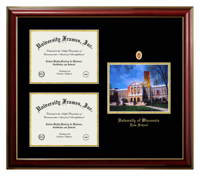 Triple Opening with Campus Image Frame in Classic Mahogany with Gold Trim with Black & Gold Mats for DOCUMENT: 8 1/2"H X 11"W  , DOCUMENT: 8 1/2"H X 11"W  