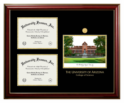 Triple Opening with Campus Image Frame in Classic Mahogany with Gold Trim with Black & Gold Mats for DOCUMENT: 8 1/2"H X 11"W  , DOCUMENT: 8 1/2"H X 11"W  