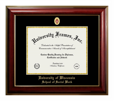 University of Wisconsin (Madison) School of Social Work Diploma Frame in Classic Mahogany with Gold Trim with Black & Gold Mats for DOCUMENT: 8 1/2"H X 11"W  